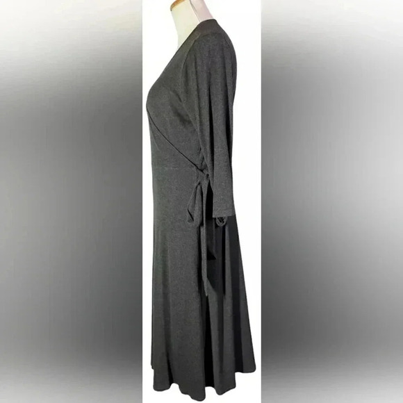 Knit Wrap Dress Gray Minimalist Career Office Slip-On Pockets Soft Stretch Midi - Picture 5 of 10